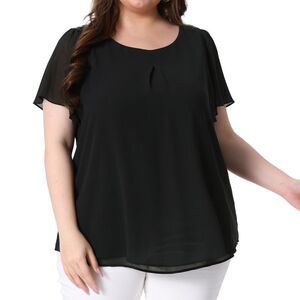 Plus Size Chiffon Blouse Ruffle Sleeve Work Tops Black